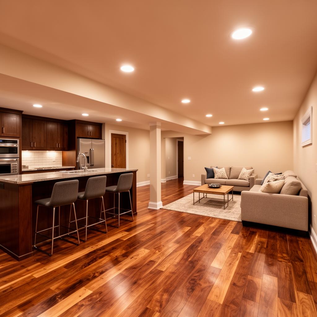 Finished basement with entertainment area and bar